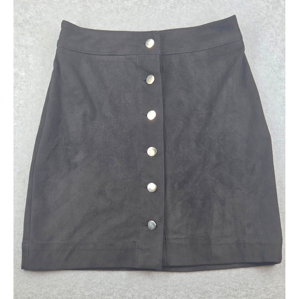 H&M Black Faux Suede Button Front Mini Skirt Size 4 Silver Hardware A-Line